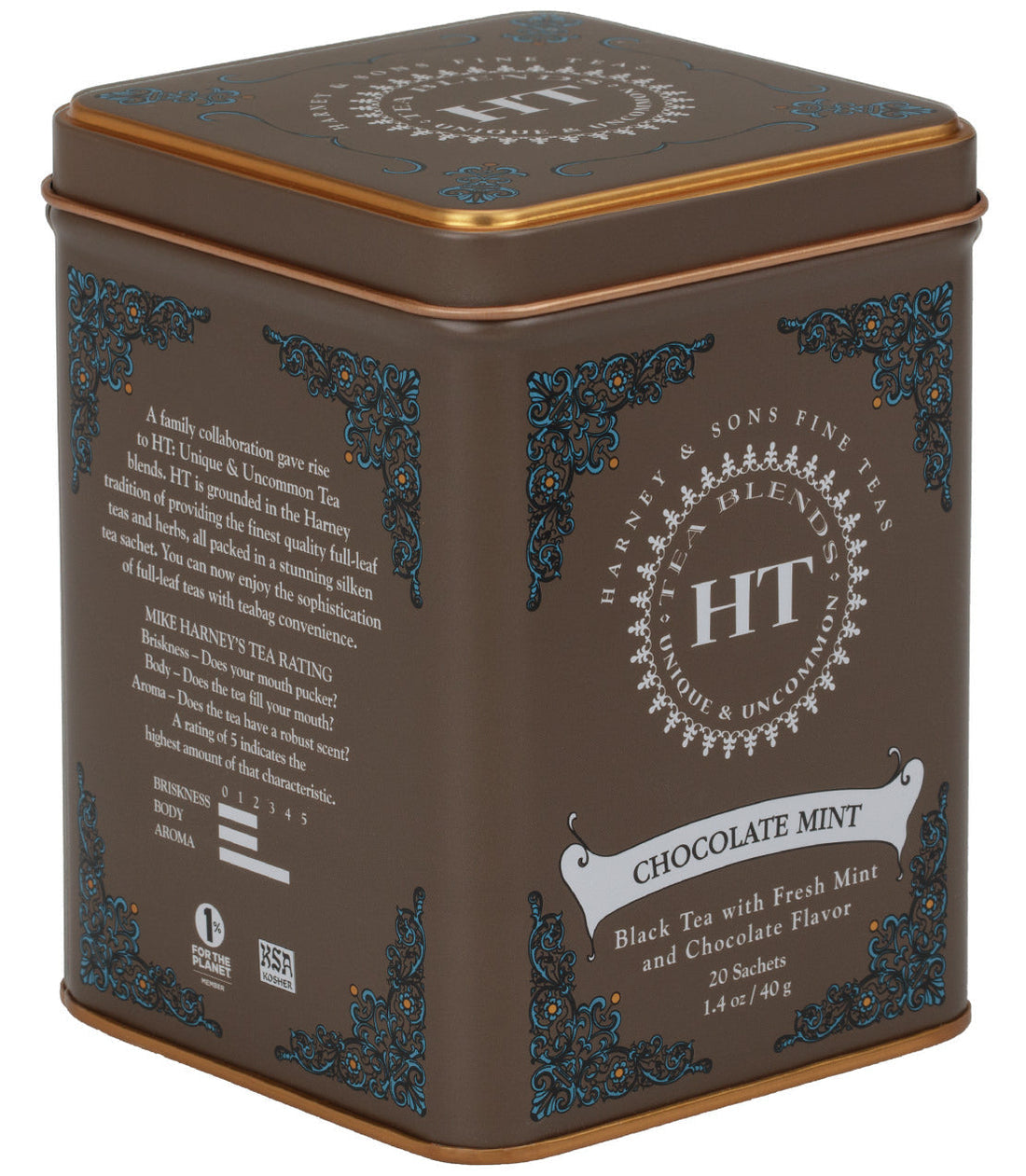 Harney and Sons brown tin of chocolate mint tea