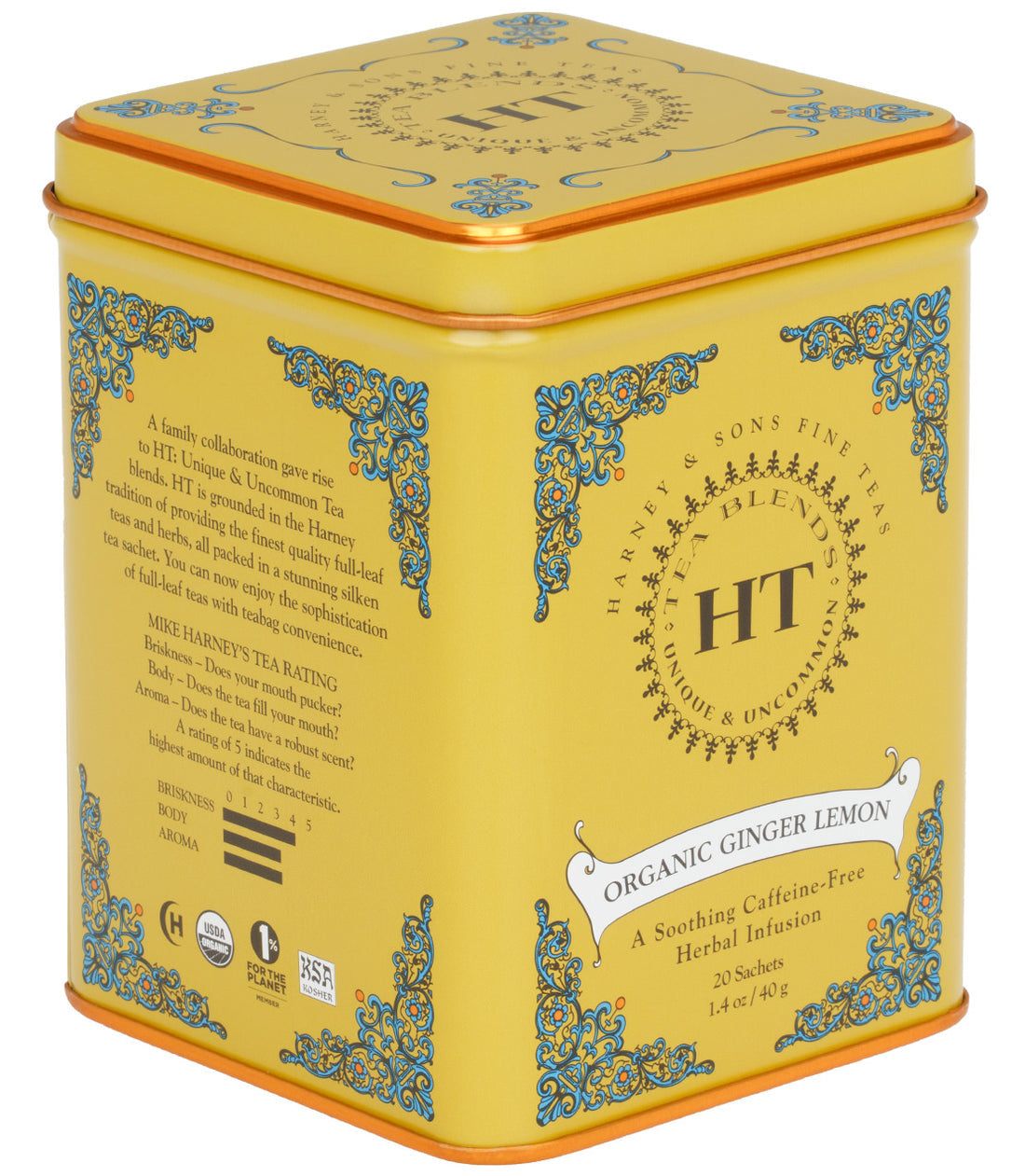 Yellow tin of Harney & Sons Organic Ginger Lemon Tea