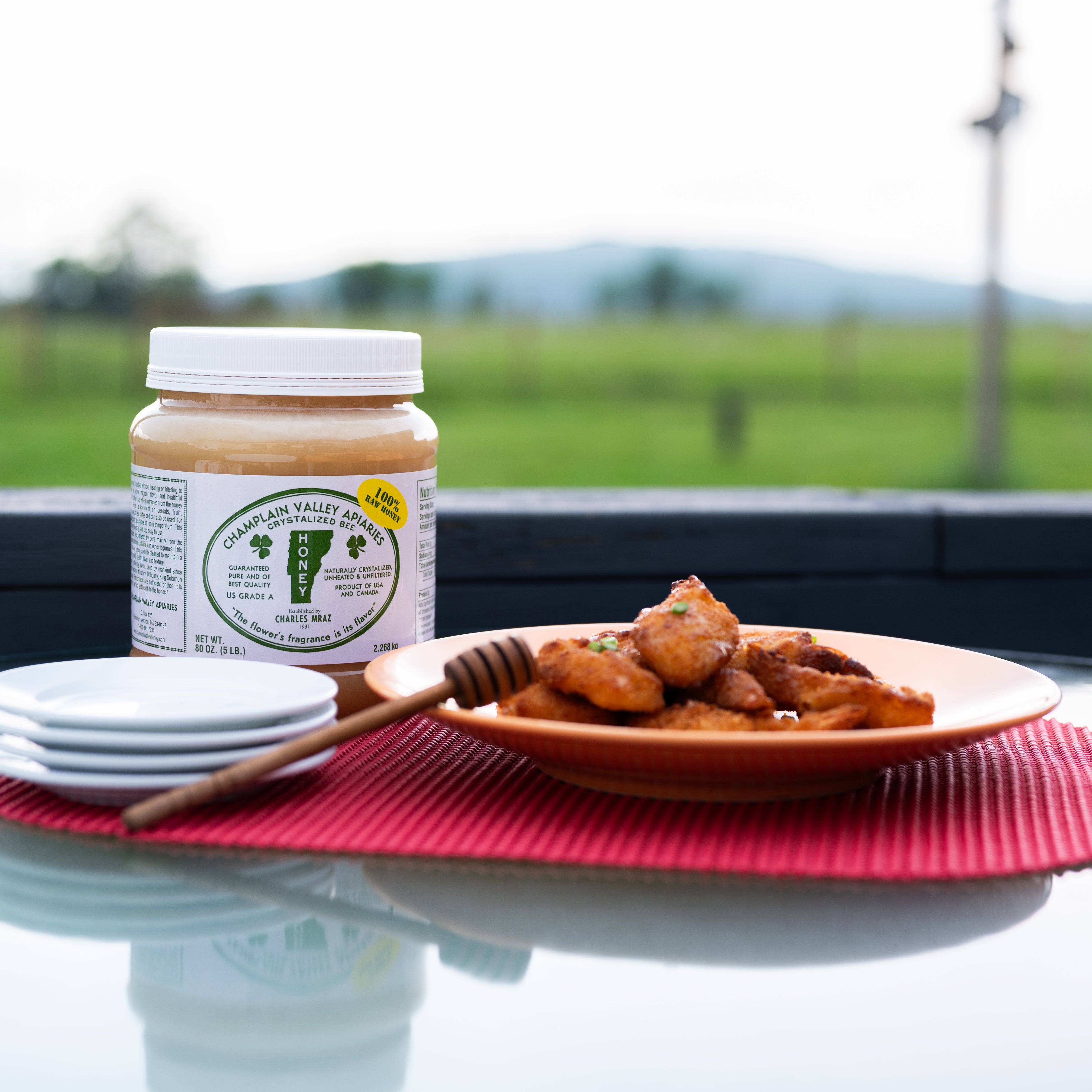 Plate with glazed chicken wings on a table outside with a 5 lb jar of champlain valley raw honey.